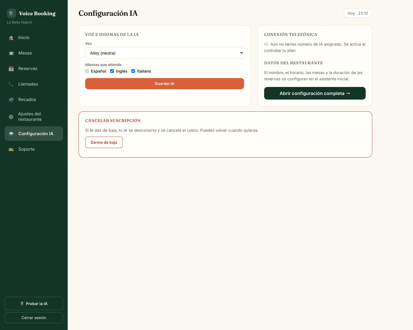 AI settings screen of the Voice Booking AI panel
